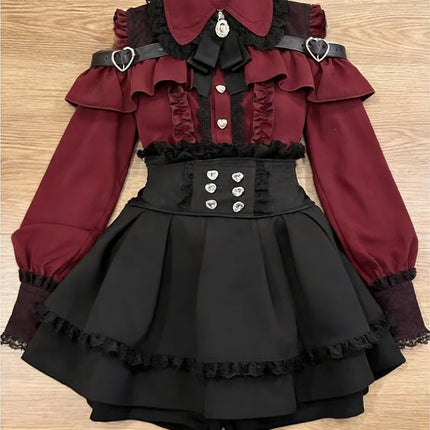 Japanese Cute Slim Women Party Dress Ruffled Lace Chic Bow Long Sleeve Kawaii Sweet Style Set Lightweight Trendy Female Design