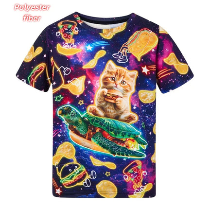 3D Print Fun Cute Cat T-Shirt For Men Pizza Burger Pattern Tees Summer Street Casual Short Sleeve Tops Loose Round Neck T Shirts