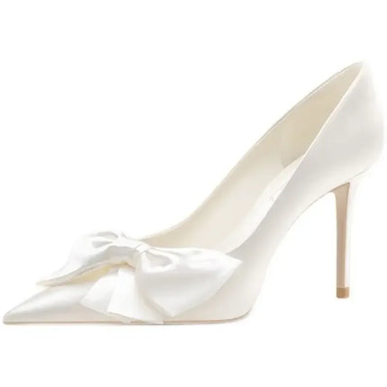 hot sale 2024 New Bridal White Satin Bow Stiletto women High Heels Pumps Single sandals woman Wedding Shoes zapatos de mujer