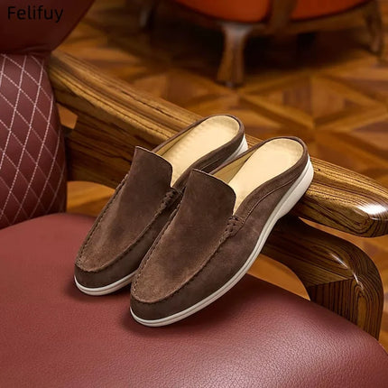 Apricot Men's Cow Suede Leather Slip-on Loafers British Style Flat Casual Dress Boat Shoes Lightweight Comfort Moccasins for Men