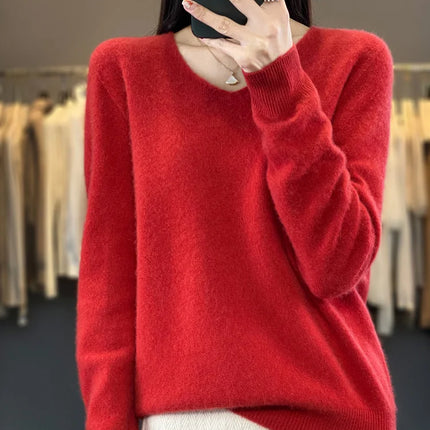 Fashion100% Merino Wool Sweater Cashmere  Pullover Women Knitwear V-Neck Long Sleeve  Autumn Winter Fashion Basic Clothing  Tops