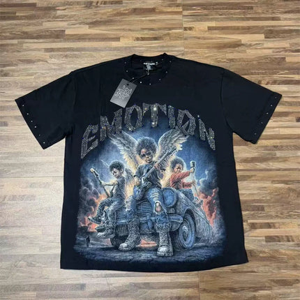 Fashion Brand Mixed Emotion Embroidery Rhinestone American Streetwear Angel Print Hot Diamond Top Tee Men Women Loose T shirts