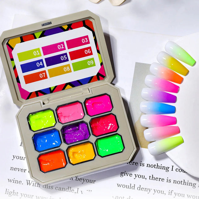 1 ud. Nueve rejillas de gel fluorescente para transferencia, gel de colores brillantes de arcoíris, alta saturación, esmalte de uñas en gel UV y LED, salón de belleza DIY Y2K INS