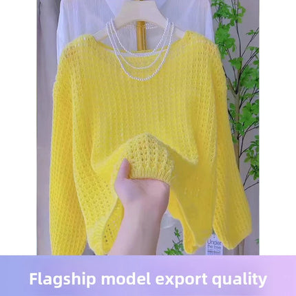 Spring and Summer Thin Hollow Long Sleeve Knitted Sweater for Women, Loose Breathable Vintage Design Top