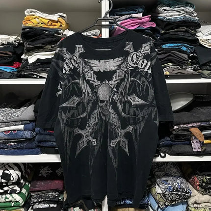 Y2K New Vintage Gothic Skull Wing Printed Long Sleeve Street Trend Pure Cotton Top Men Hip Hop Gothic Harajuku Oversize T-shirt