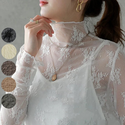 Women Half High Collar Lace Bottomed Blouse Spring And Autumn  Hollow Mesh Top Sexy Western-style Long Sleeve T-shirt Crop Top