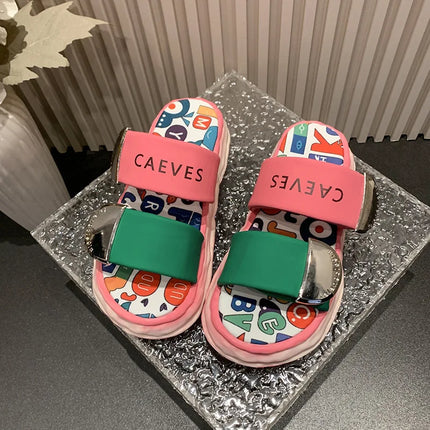 Summer New Platform Soled Ladies Shoes Cross Slippers Women's Wear Graffiti Beach Sandals Metal Buckle Woman Slippers