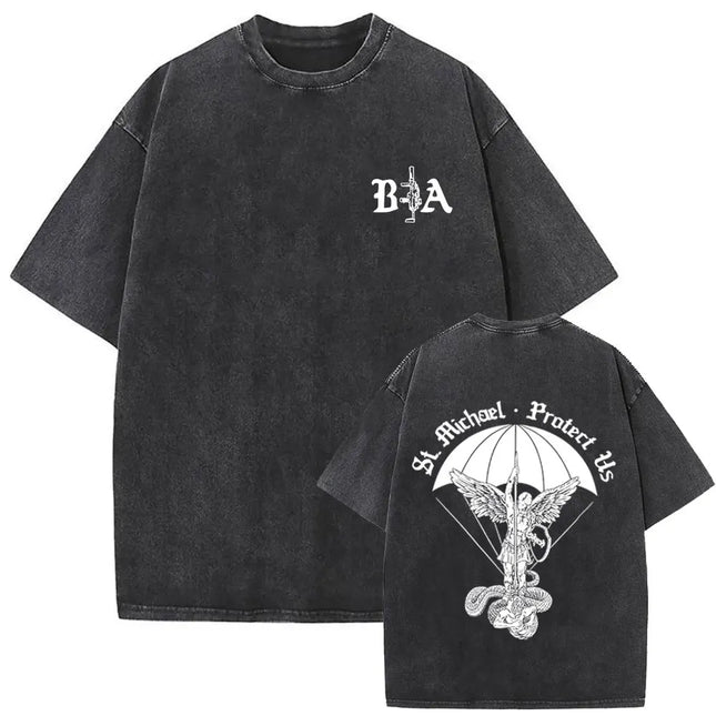 Washed Vintage Brothers in Arms ST Michael Protect Us T-Shirt Forward Observations Group T-Shirts Herren Retro Oversized T-Shirts