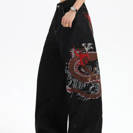 European And American Millennium Asian Cool Style Loose Jeans Traditional Dragon Pattern Embroidered High Waist Wide Leg Pants