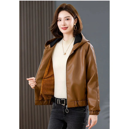 Velvet PU Leather Coat Woman 2025 New Fur Jacket Autumn Winter Hooded Loose Outerwear Slim Short Leather Jackets Ladies Outcoat