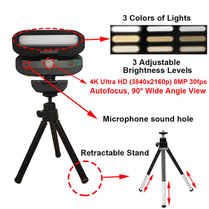 Full 4K HD Webcam LED Fill Light for Live Webcast Meeting Gamer Camera Privacy Cover USB 3.0 Compatible Plug Work Auto Focus