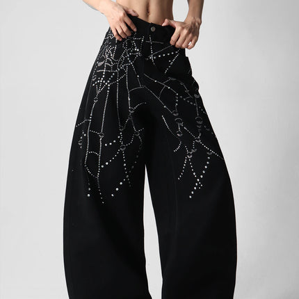 American Street Fashion Spider Web Rhinestone Fashion Pants, Versatile Slim-Fitting Wide-Leg Black Jeans For Women