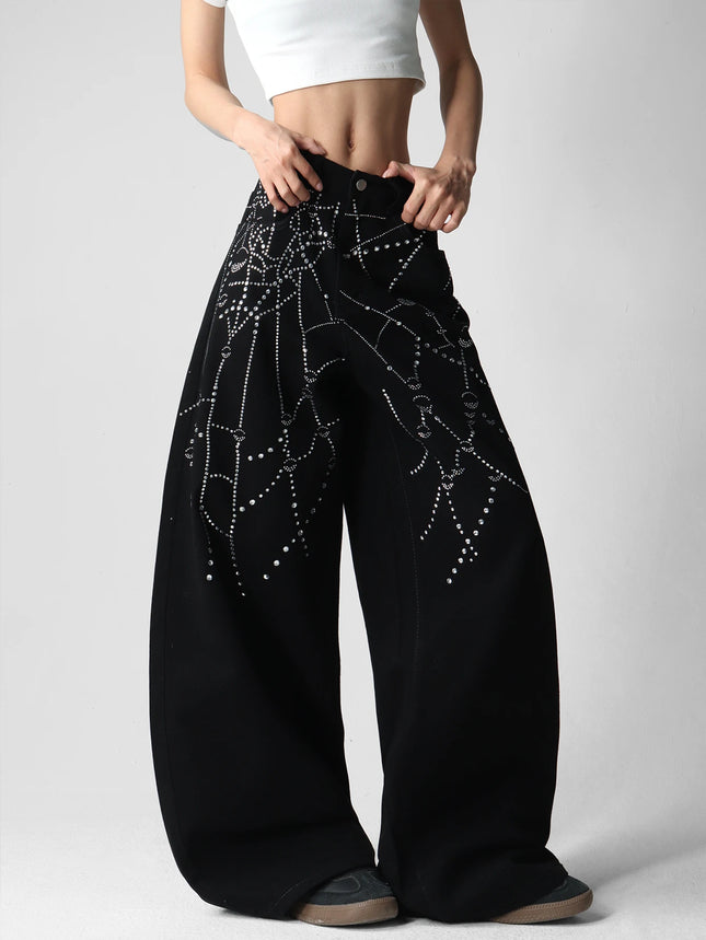 American Street Fashion Spider Web Rhinestone Fashion Pants, Versatile Slim-Fitting Wide-Leg Black Jeans For Women