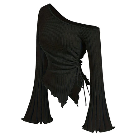 Women's Off-Shoulder Cross Long-Sleeved Slim Fit T-Shirt Asymmetrical Street Style Casual Elegant Top with Trumpet Sleeves