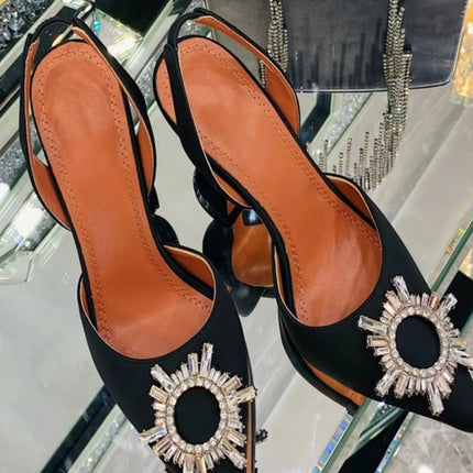 2025 European and American Women's New High Heel Sandals Sunflower Water Diamond Buckle High Heels Pointed Heel Satin Shoes