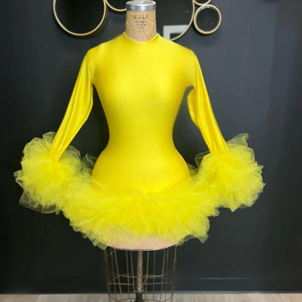 Bright Yellow High Stretchy Satin Women Short Dresses With Ruffles Trimmed Details African Women Mini Maxi Dress To Party
