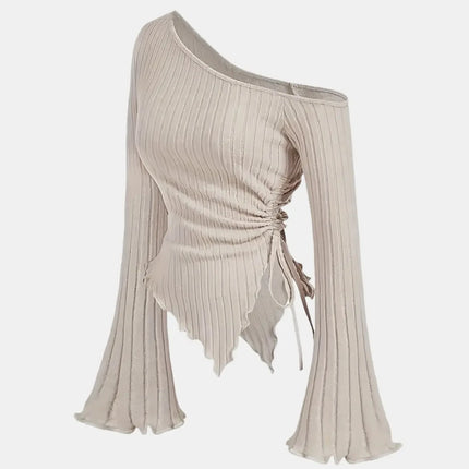 Women's Off-Shoulder Cross Long-Sleeved Slim Fit T-Shirt Asymmetrical Street Style Casual Elegant Top with Trumpet Sleeves