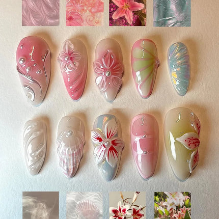 24pcs Almond False Nails Tips Summer Beach Colorful Nails Sets with Pearl Flower Design Press on Nails Art Wearable Fake Nail