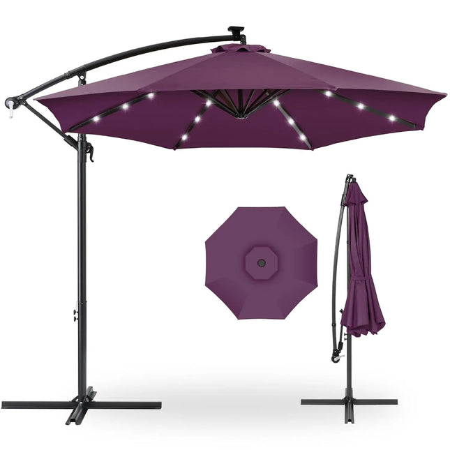 10ft Solar LED Offset Cantilever Hanging Market Patio Umbrella, 8 Sturdy Ribs, Easy Adjustment - Gray, Customized