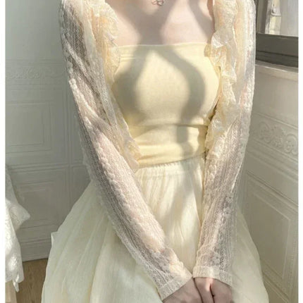 Summer Apricot Lace Belt Women Cardigan Korean Fashion V-neck Long Sleeve Cropped Tops Sweet Slim Thin Sunscreen Jacket Female