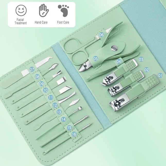 16-teiliges Nagelknipser-Set, Edelstahl Nagelknipser-Werkzeugset, Heim-Maniküre, Nagelkunst, Entfernung abgestorbener Haut (Grün)