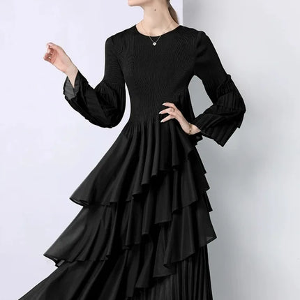 XFPV Elegant Fashion Style Women's Beautiful Dress Long Sleeves Round Neck Pleated Irregular Dresses For 2025 Autumn New 22D2441