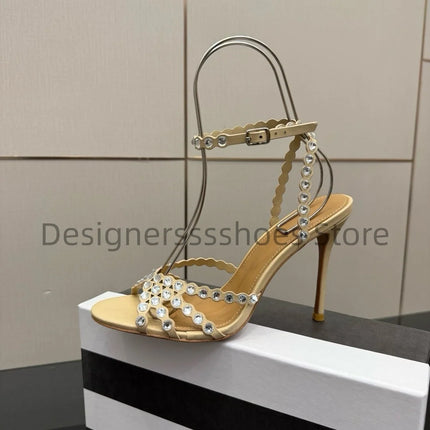 Round Toe Rhinestone High Heel Sandals 10.5CM Luxury Crystal Women Party Dress Sandals Sheepskin Lining Italian Genuine Leather
