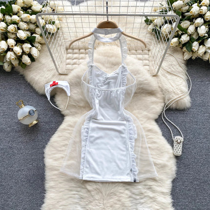 Woman Fashion Thin See Through Slim Fit Pure Desire Dress Women New Vintage Sexy Halter Mesh Embroidery Purple Long Dress