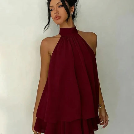 Women Halter Neck Backless Tie Mini Dress Summer Sleeveless Chiffon Ruffle Short Dresses Sexy Club Party Beach Vacation Outfit