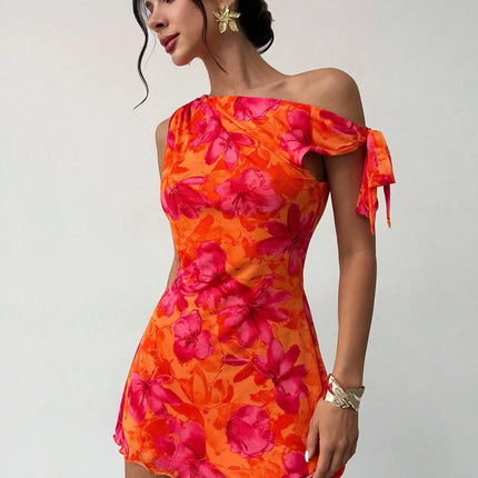 Women'S Spring Summer Floral Print Vacation Casual Off-Shoulder Slouchy Strappy Sleeveless Short Skirt Dress
