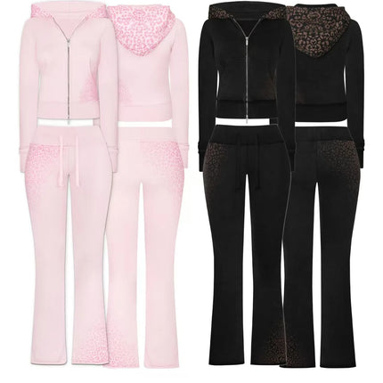 Y2K Leopard Print Fashion Knitted Sportswear Two-Piece Set Women's Casual Fit Yoga Sexy Slim High Waist Casual Sports Pants