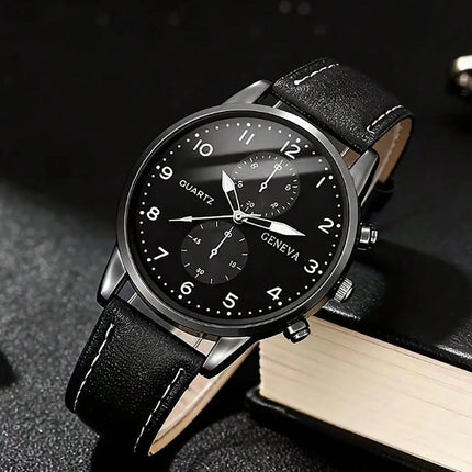Kids Black PU Leather Quartz Watch Set with Accessories Wallet Holiday Gift Daily Versatile Children's Fashion Jewelry