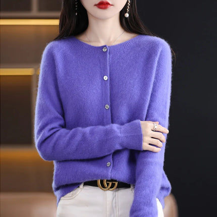 Spring and autumn new women's 100% wool knitted cardigan coat loose O-neck sweater coat fashion solid color coat