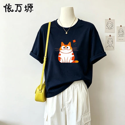 Aesthetic Round Face Chubby Ginger Tabby Cat Mini Flower Graphic Oversized Cotton T Shirt For Women Soft Lazy Daily Street Tee