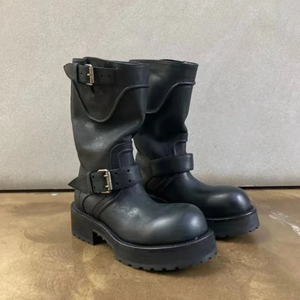 New Women Shoes Luxury Leather Round Head Motorcycle Boots for Woman Fashion Platform Knight Boots Designer Shoes Botas Feminina