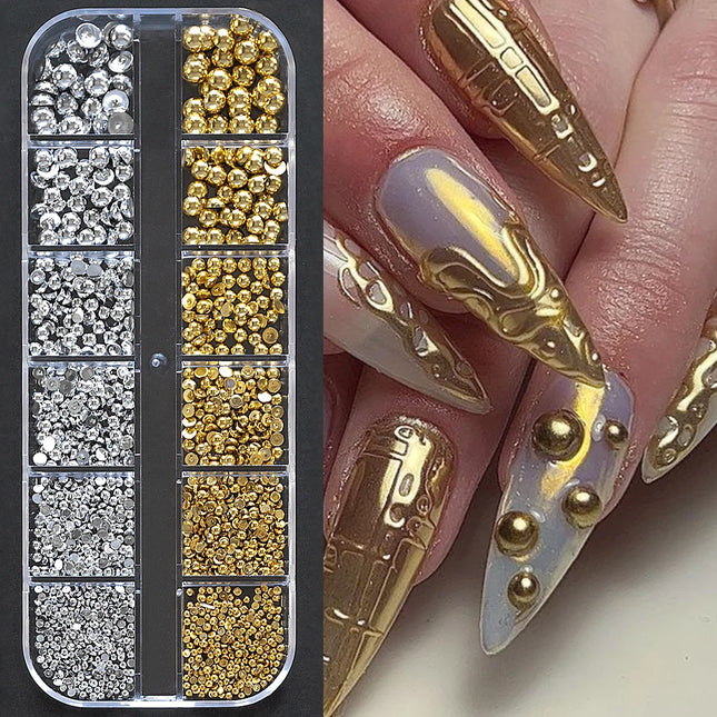 1 Caja de diamantes de imitación de uñas de media perla, parte posterior plana, múltiples tamaños, oro y plata, perlas de metal, decoraciones de arte de uñas, cuentas de oro con parte posterior plana