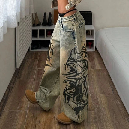 2026 Summer New Vintage Mud Fade Jeans Side Abstract Tribal Print High Waist Loose Wide Leg Euro American Daily Casual Pants