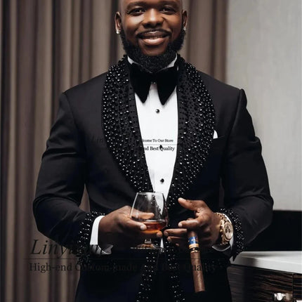 Luxury Beaded Crystals Men Suits Customized Groom Tuxedos 2 Pieces Sets Male Prom Blazers Slim Wedding Terno Masculino Completo