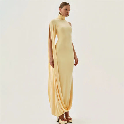 Elegant Split Turtleneck Sexy Maxi Dress Women Gown One-shoulder High Waist Bodycon Solid Fashion Club Party Long Dress 2626 New