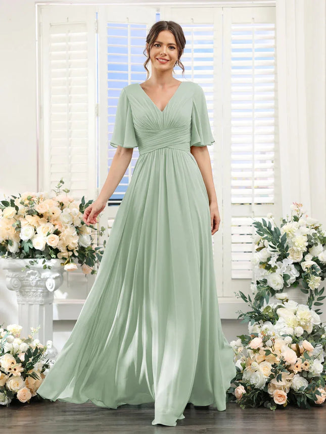 A-Linie Chiffon Brautjungfernkleider Kurzarm V-Ausschnitt Schlitz Falten Elegant Hochzeit Party Formeller Abschlussball Abend Reißverschluss hinten