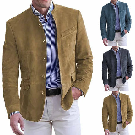 Men Blazers Solid Stand Collar Suits Single Breasted Blazer Business Jackets Long Sleeve Outerwear Cardigan Button Loose