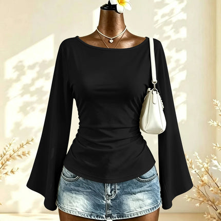 Boat Neck Flare Long Sleeve Side Ruched Fitted Casual Blouse Slim Fit Basic Top
