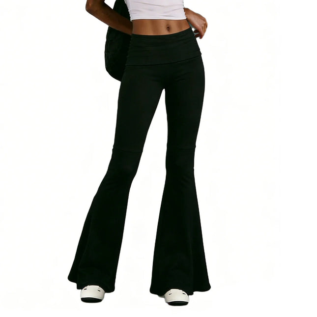 Damen-Leggings mit Umschlag, modisch, niedriger Bund, einfarbig, ausgestellte Hose, Jogginghose