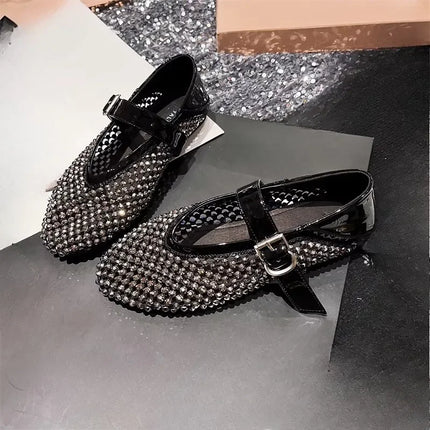 Round Toe Sandals for Women New Rhinestone Full Diamond Fishing Net Hollowed Out One Word Mary Zhen Baotou Flat Single Shoes