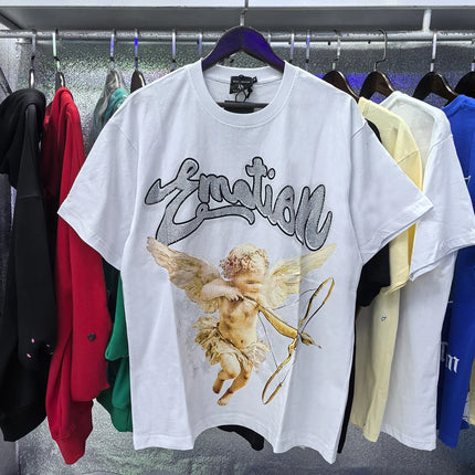 Fashion Brand Mixed Emotion Embroidery Rhinestone American Streetwear Angel Print Hot Diamond Top Tee Men Women Loose T shirts
