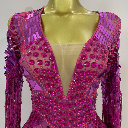 New Sparkly Diamonds Sequin Tassels Sexy Mesh Short Dress Women Evening Party Celebrate Birthday Nightclub Show Photo Shoot Wear