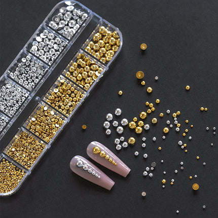 1 Box Half Round Flatback Nail Rhinestones Multi Size Gold& Silver Metal Pearls Caviar Nail Art Decorations Flat Back Gold Beads