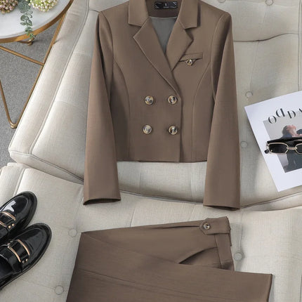 Solid Suits for Women 2024 Spring Fashion Office Ladies Long Sleeve Double Breasted Short Tops Chic Slim High Waisted Pant Suits