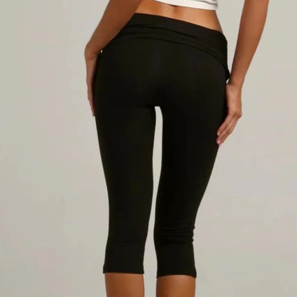 Individuality Low Rise Split Hem Length Skinny Pants Women Solid Fold Over Capri Leggings Casual Summer Streetwear Yoga Pants
