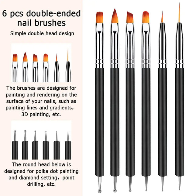 6Pcs Nail Dotting Tools Double-ended Nail Art Brushes Kit Nail Art Gel Polish Liner Brushes Design Pen For Nail Drawing